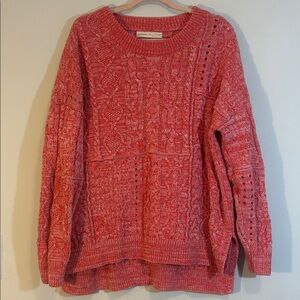 Marled Pink + Red Anthropologie Pilcro Thick Chunky Cableknit Sweater Salmon, L